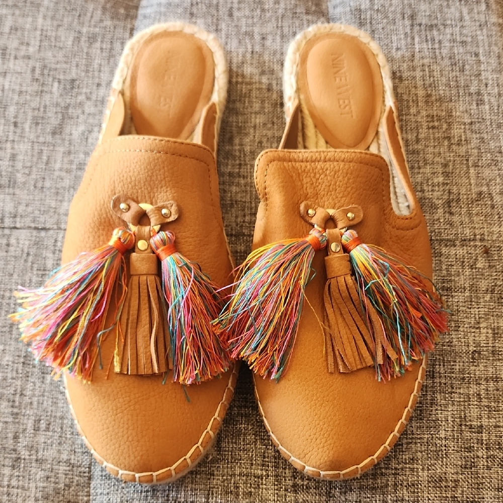 Nine West Tan Mules with Tassel Accents